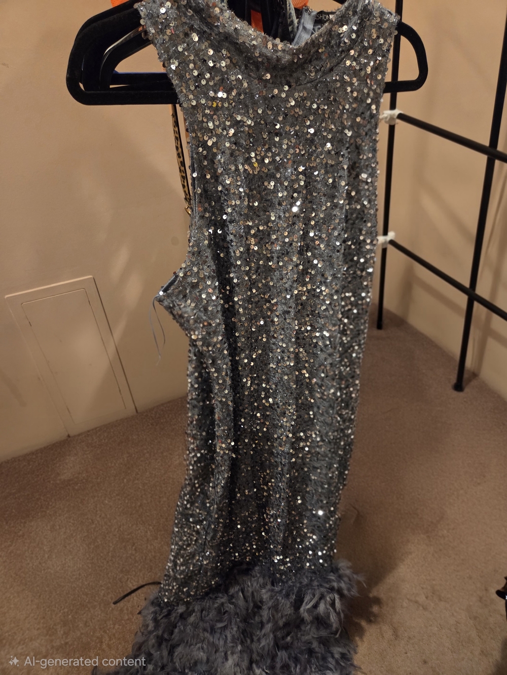 Fashion Nova Silver Sequin Strapless Dress with Feather Hem